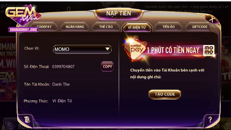 Hướng dẫn tân thủ nạp tiền gemwin để chơi game bài liêng